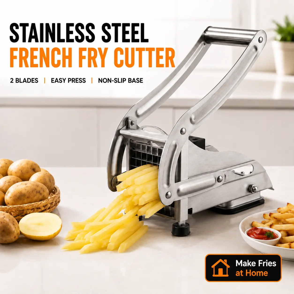 MIUVA Stainless Steel French Fry Cutter with 2 Blades, 1/2" & 1/3" Potato Slicer, Non-Slip Suction Base, Easy Veggie & Food Chopper for Homemade Fries, Sweet Potatoes, Carrots & Cucumbers, Manual Kitchen Tool