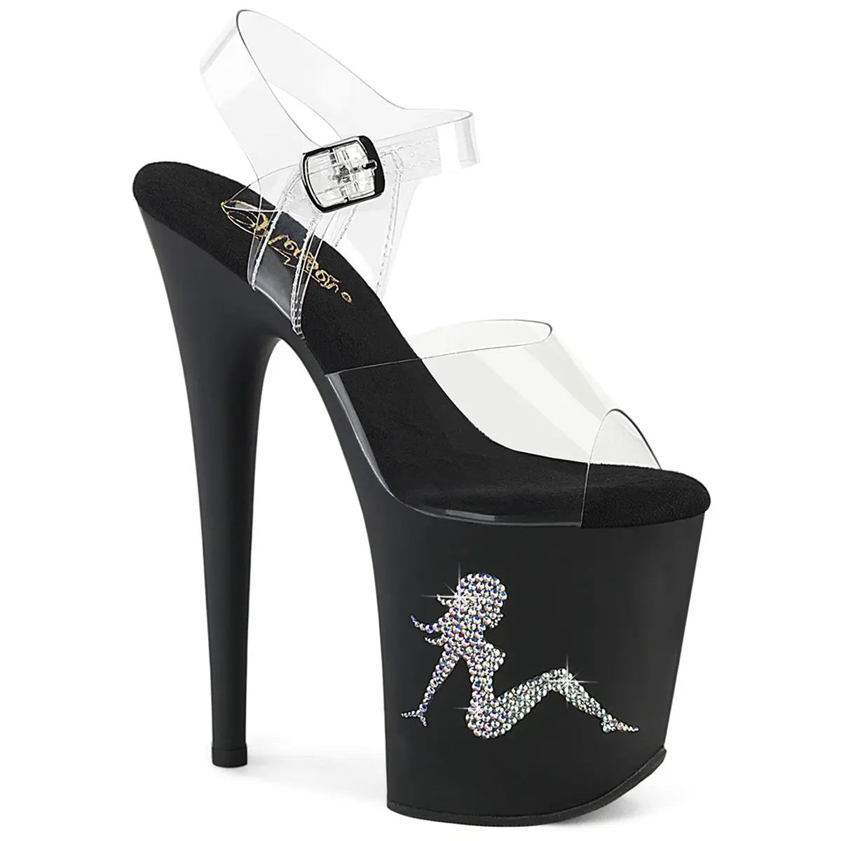 8 Inch Heel FLAMINGO-808TGRS Clear Black Silver High Heels Heeled Sandals