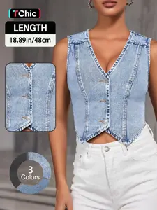 Women's Summer V-Neck Slim-Fit Denim Vest, Casual Fashion Light Wash Sleeveless Waistcoat, Trendy Womenswear
