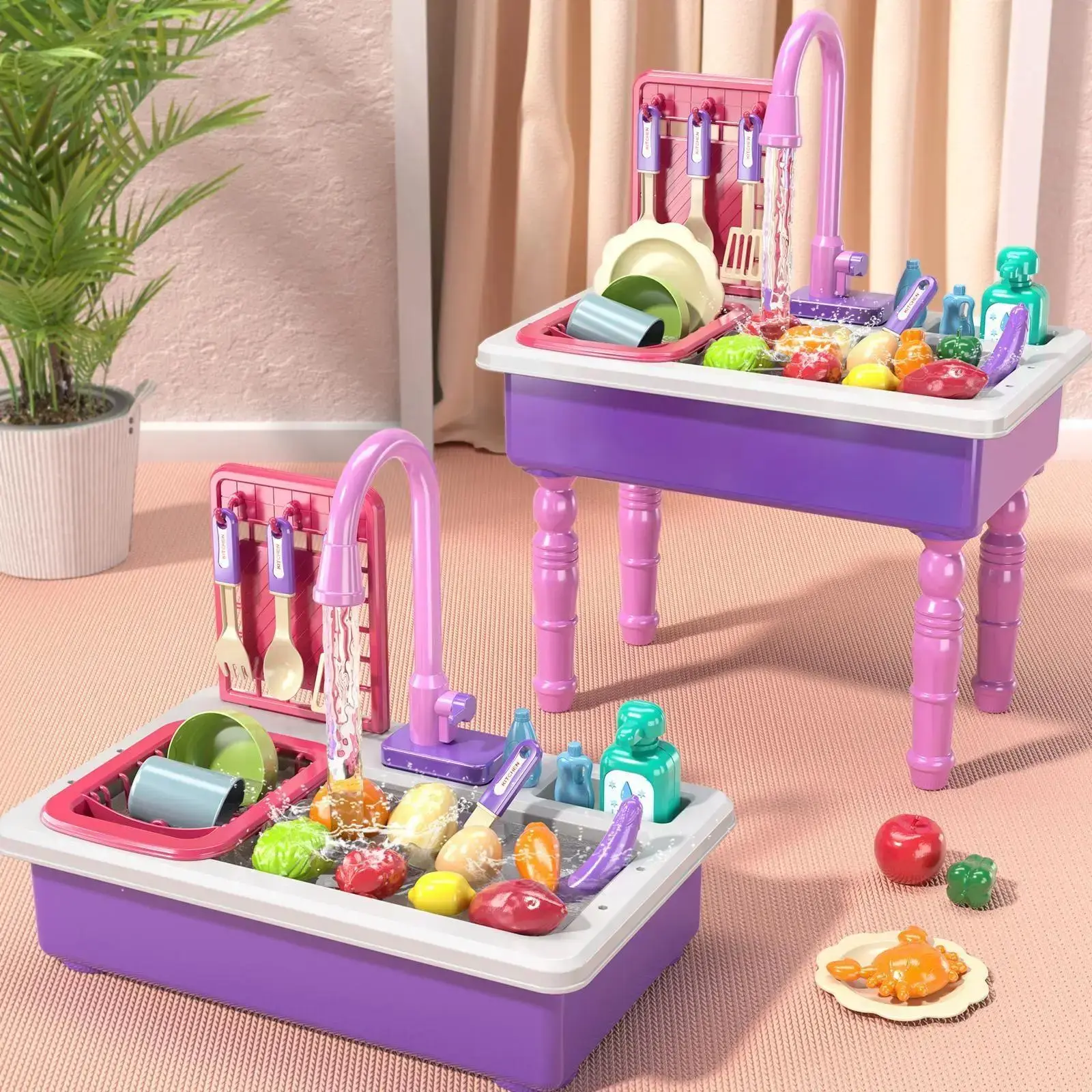 Kids' Plastic Kitchen Playset - Miniature Household Cooking Set with Auto-Water Cycle Sink, Dishwasher Furniture, Food, Vegetables, Cooking Tools, Multi-Activity Toy for 6-8 Years, New Year Imaginative Gift