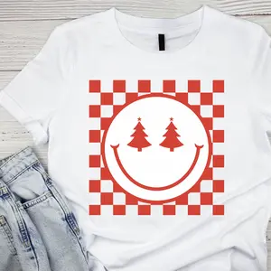 Smiley Face and Checkers Holiday T-shirt, Festive Winter On-trend Tee, Christmas Graphic Shirt, Fun Seasonal Top, Unisex Cotton Tee