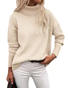 Women's Turtleneck Sweater Fall Winter Chunky Knitted Pullover High Low Hem Trendy Basic Jumper Top
