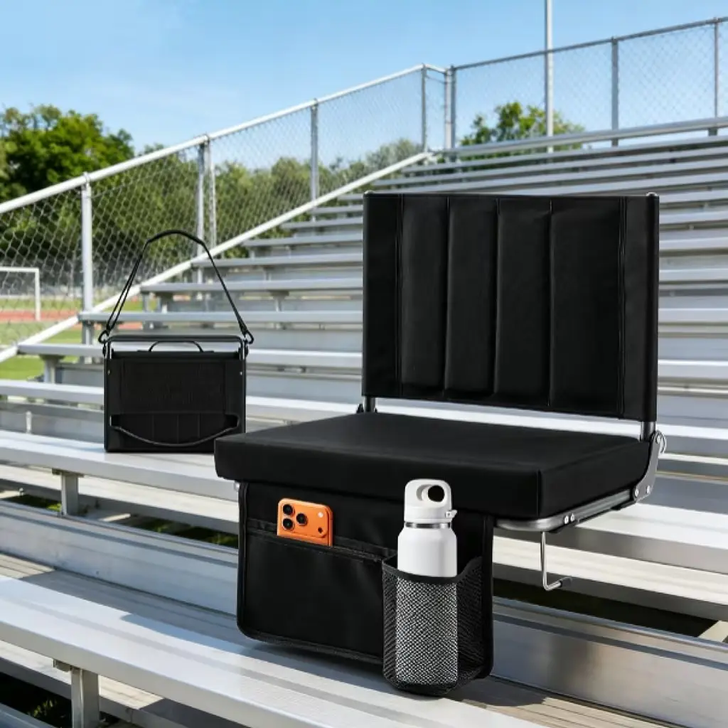 Stadium Seat with Back Support – Bleacher Chair with Thick Cushion, Portable Folding Seat with Shoulder Strap for Soccer Games, Sports Events, Outdoor Concerts, Black (17"W x 12"D x 16.5"H)