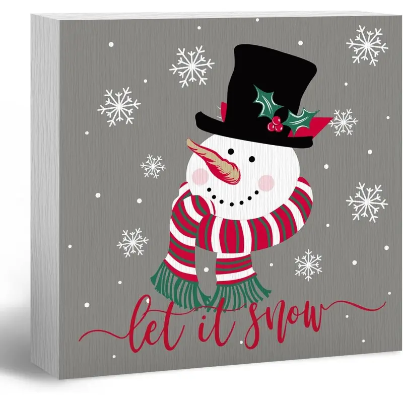Let It Snow Snowman Sign, Christmas Decorations, Winter Decor, Snowman Decorations, Xmas Seasonal Holiday Wood Block Box Sign Plaque for Office Home Bedroom Wall Shelf Decor 5x5 inch