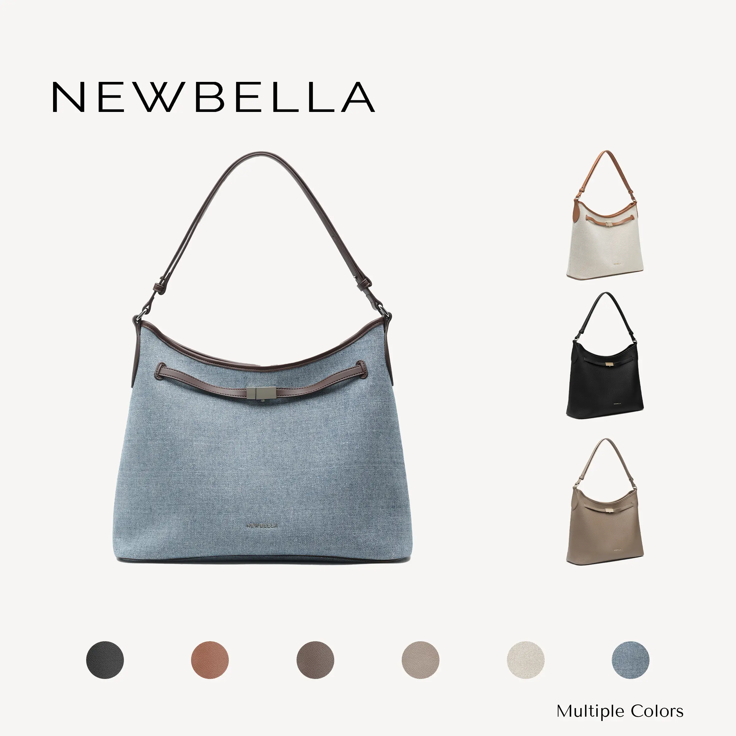 NEWBELLA Riley Zip-Top Hobo Shoulder Bag - Sleek Solid Color Top Handle Bag with Zipper Closure for School ,Premium Vegan Leather,Premium Canvas,Denim