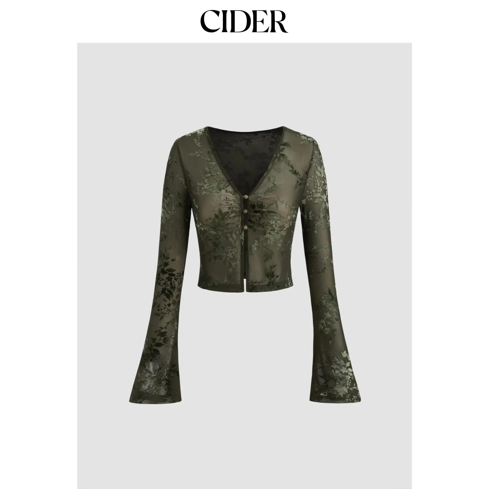 Cider [size 0-26] V-neck Floral See-through Cropped Bell Sleeve Blouse