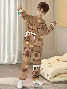 Star Capybara Group 2-piece boys' long-sleeved pajamas with digital printing and long sleep pants, Cartoon Print Pajama, made of flame-retardant fabric, comfortable and soft set suitable for sleeping and home leisure, made of 100% polyes