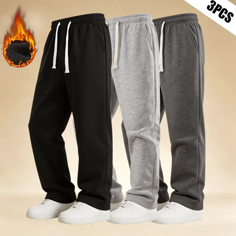 Men's 3-Pack Solid Regular-Leg Comfy Athleisure Pants - Autumn/Winter Fleece-Lined Knit, Durable, Wear-Resistant, Side Pockets, Adjustable Drawstring, Men's Clothing, Active Style, for Everyday Shopping, Sports, Durable Pants,sohochic