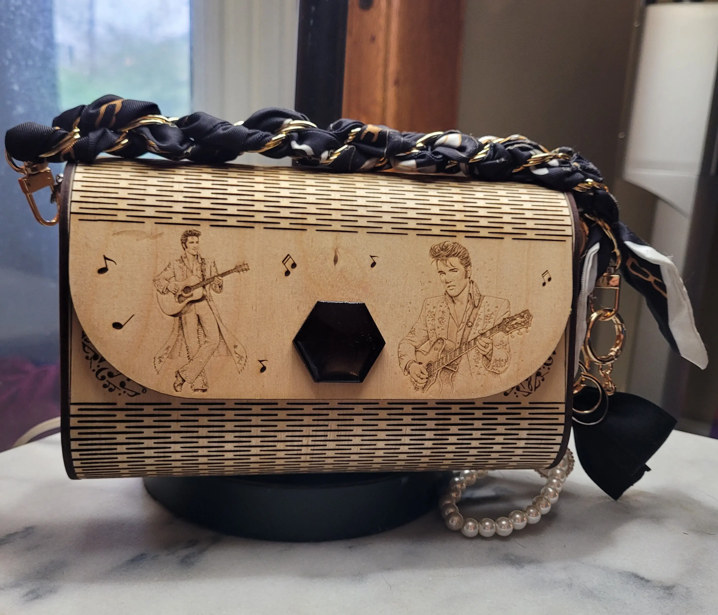 Elvis Inspired Wooden Purse | Handmade Laser Engraved Statement Bag | Rockabilly Handbag | Unique Gift for Elvis Fans