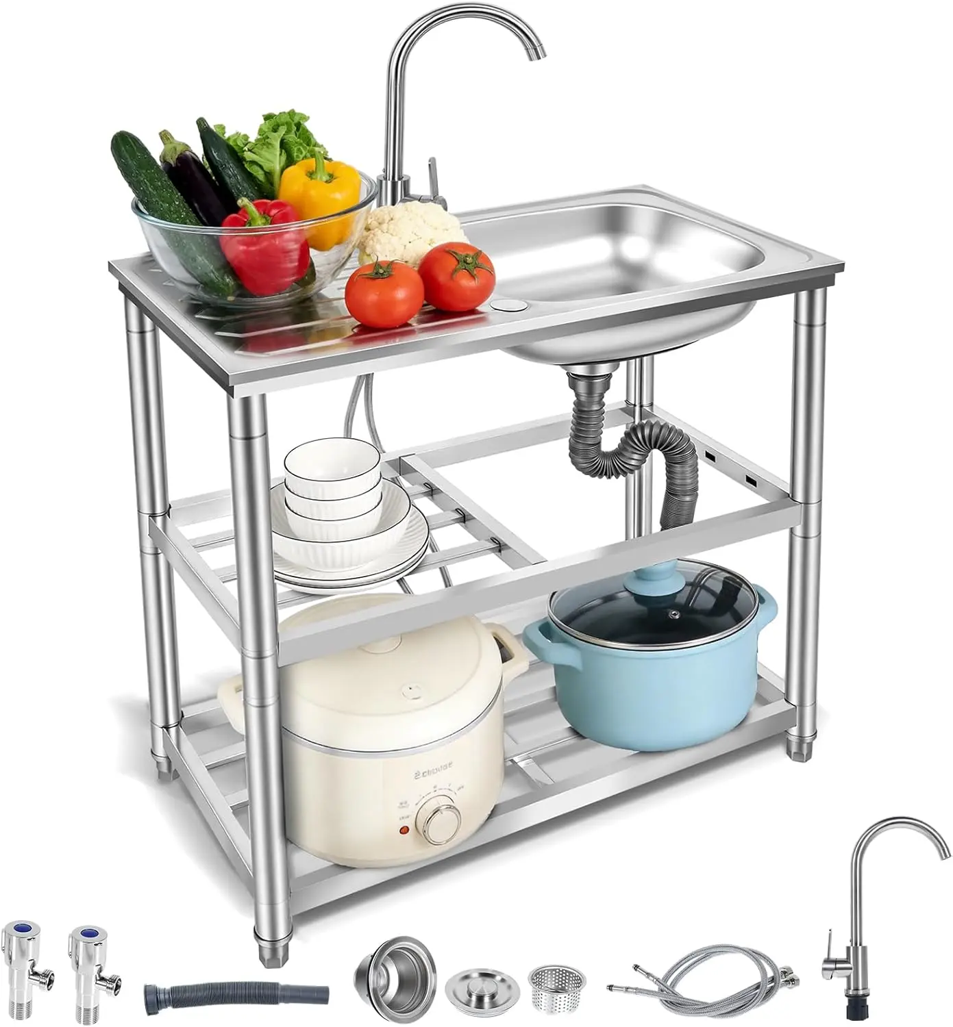 Maeklon Outdoor Utility Sink, Stainless Steel Double-Layer Laundry Tub Sink, Portable Free Standing Single Bowl Washing Hand Basin Station with Double Temperature Faucet, for Garage, Restaurant, Camping