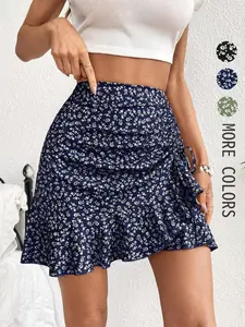 Summer Vacation Women's Adjustable Drawstring Fitted Boho Floral Print Skirt, Flattering High Waist Ditsy Floral Design, Perfect for Festivals and Outings