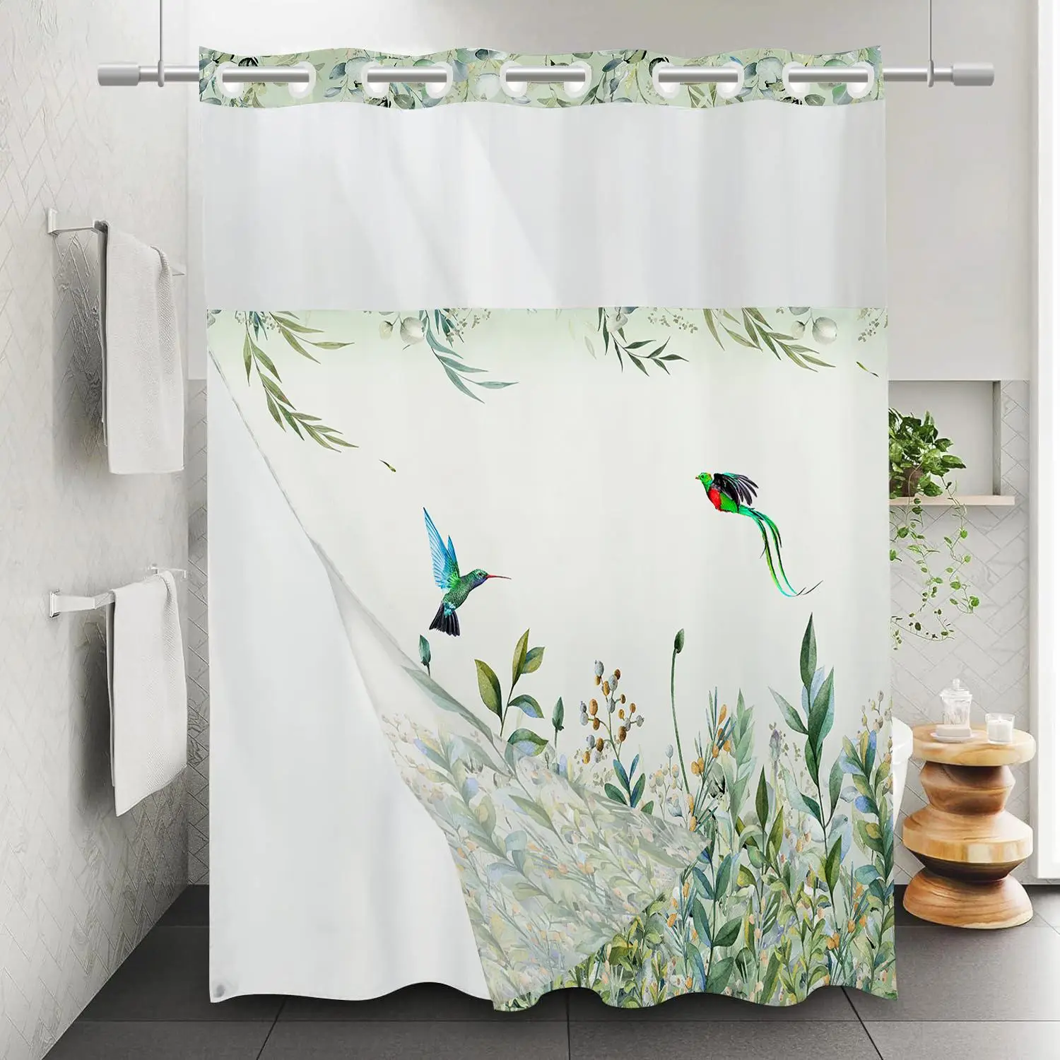 Bird & Flower Pattern Shower Curtain, Pastel Waterproof Hook Free Shower Curtain Design, Bathroom Accessory, Summer Essentials, Bathroom Supplies for
