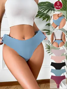 5-piece set of solid color women's underwear, scallop-edge design, soft and lightweight suitable for daily work and casual activities.