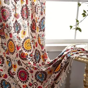 Boho Sunflower Print Tassel Decor Curtain, 1 Piece Vintage Style Semi-blackout Window Curtain for Home Living Room Bedroom Room Decor