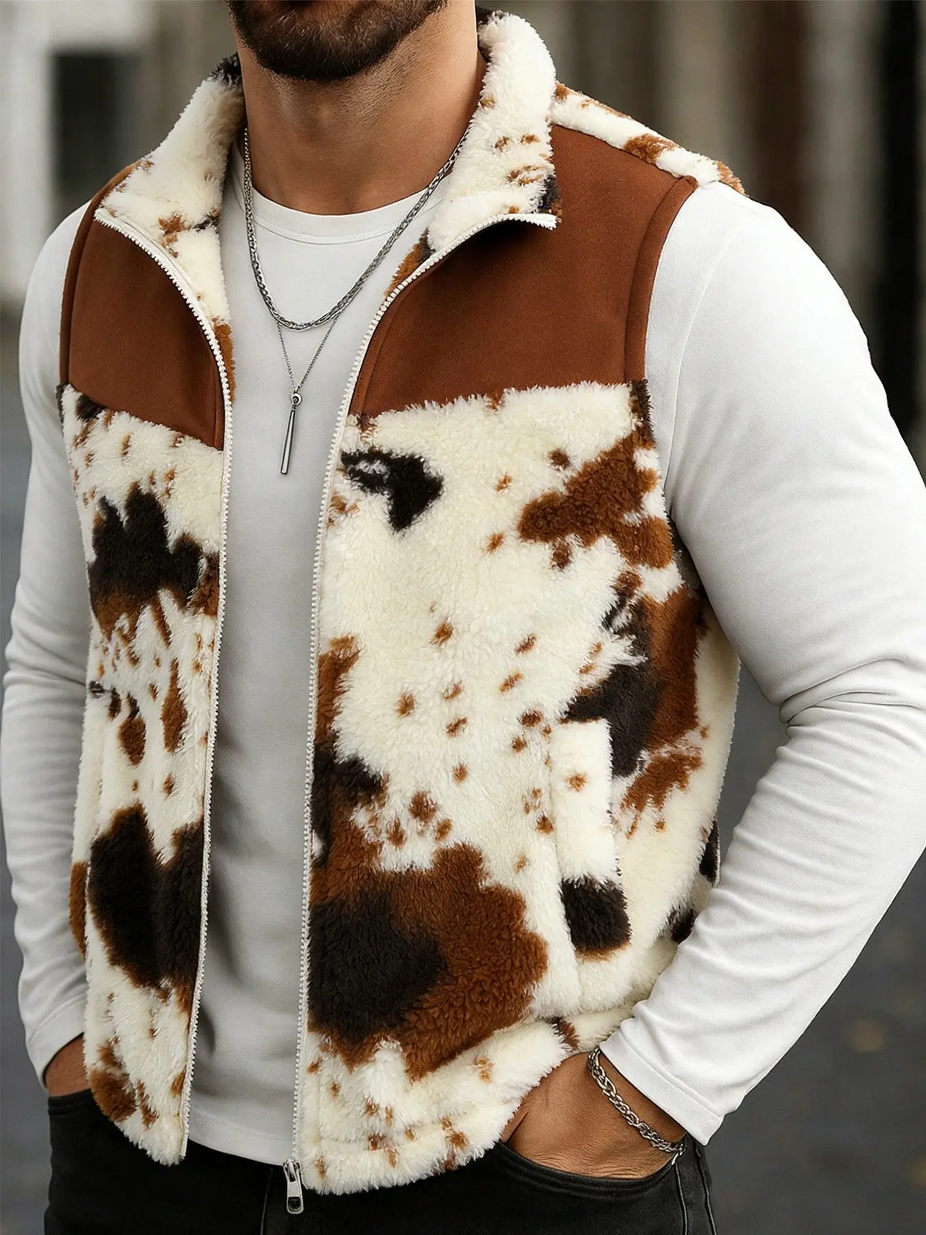 Unisex Fashionable Cow Print Lamb Fur Sleeveless Vest Gilet, Western Streetwear, Warm Thermal Design, Block, Zipper Front, Casual Outerwear