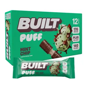 BUILT Bar, Puff Protein Bar, Mint Chip, Protein Packed Snack, Collagen, Gluten Free, 140 calories, 12 Count Box