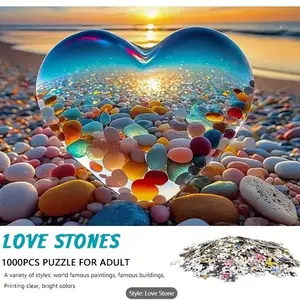 1000pcs Adult Love Stone Puzzle, Vibrant Landscape Scenes, Heart-Shaped Pebble Design, Easy to Clean, Hand-Eye Coordination, Perfect Gift