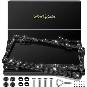 2 Pack Bling License Plate Frames for Women, Sparkly Rhinestone Diamond Car Accessories with Glitter Crystal Caps (Black)