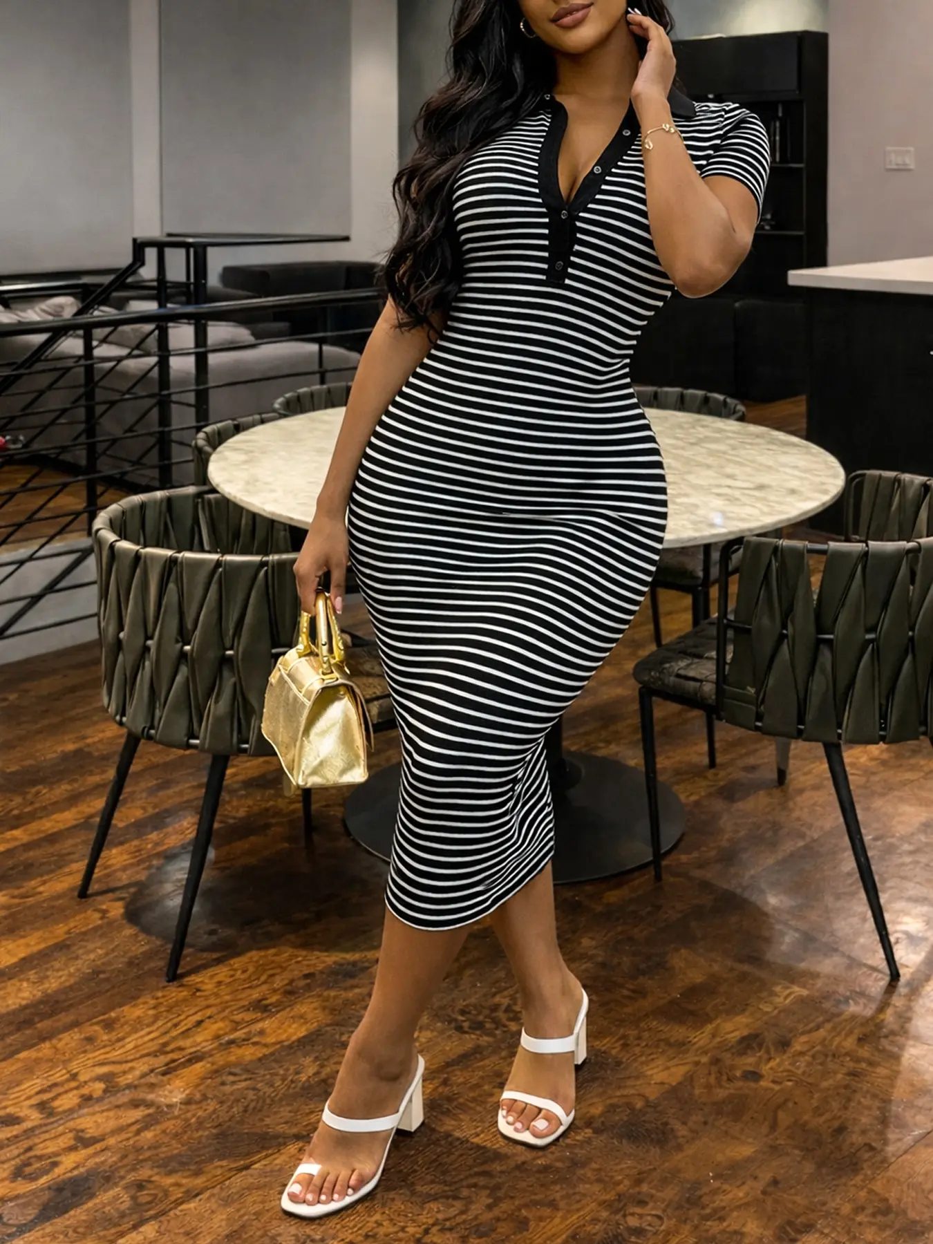 Womens Black and White Striped Polo Midi Dress, Short Sleeve Button Front Bodycon Sundress, Casual Summer Dress for Brunch, Vacation, Womenswear sundress bounce dress Shortsleeve