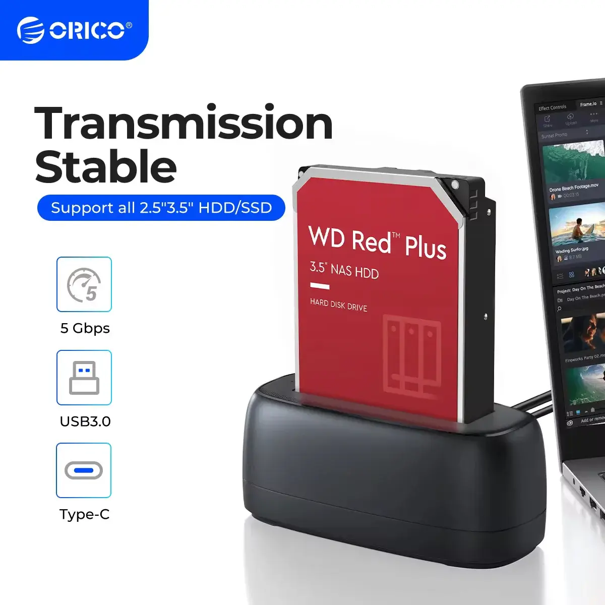 ORICO 2 Bay Type-C Hard Drive Docking Station (DD18C3) with USB C to USB A Cable, for 2.5”/3.5” SATA SSD/HDD, 22TB Support, Fast Transfer, Auto Sleep, Linux & Multiple Systems Compatibility