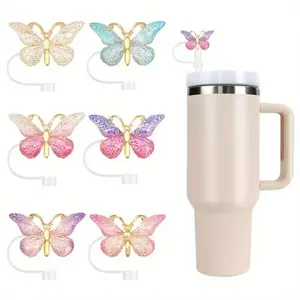 Butterfly Design Straw Cap, 6 Counts Shiny Resin Straws Cover, Dust-proof Silicone Straw Cap, Soft Silicone Straw Accessories, Drinkware, Gradient