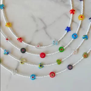 Millefiori Accent Beaded Choker, STAINLESS STEEL Seed Bead Jewelry, Summer Necklace, Colorful Glass Choker, Flower Bead Necklace