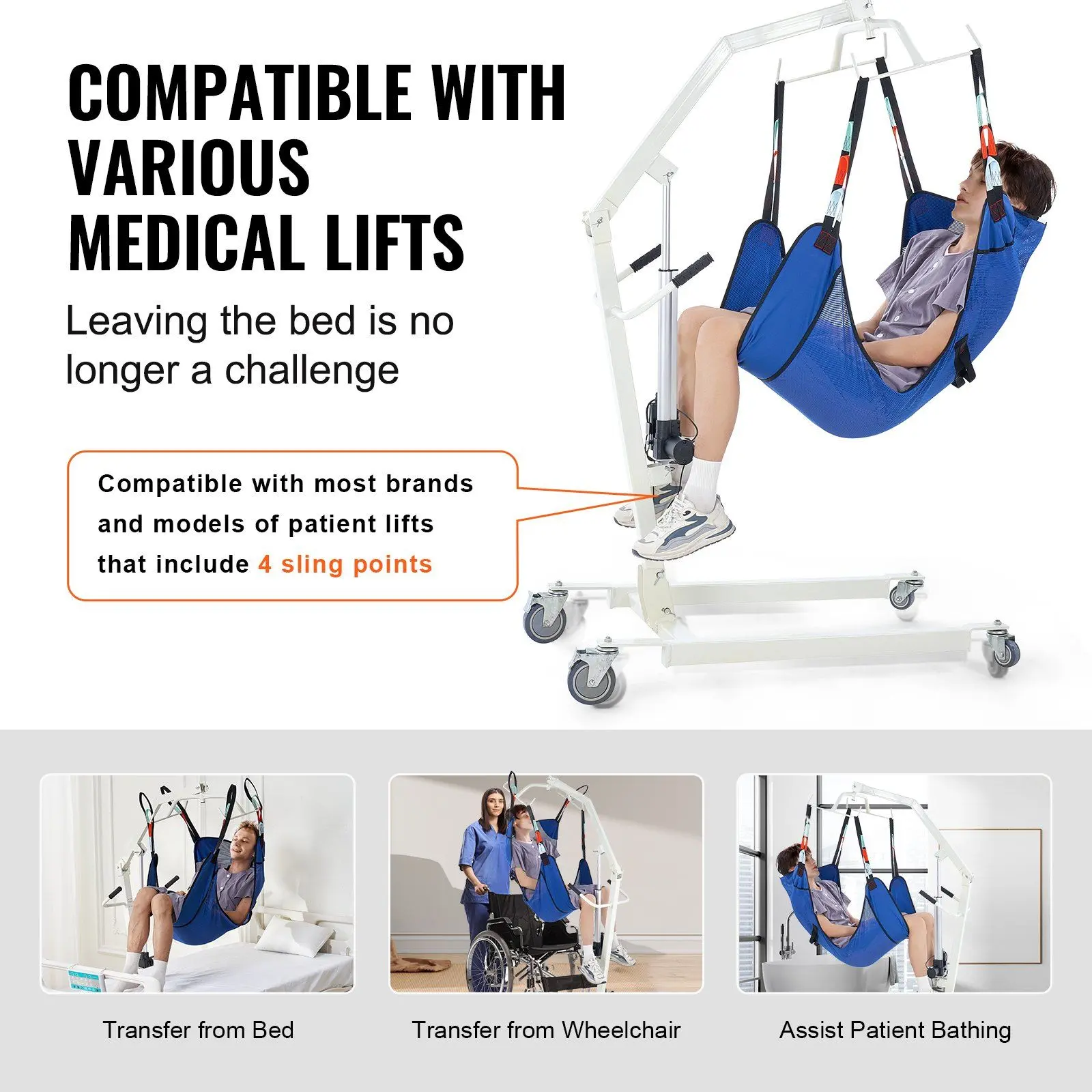 VEVOR Universal Full Body Patient Lift Sling - 400LBS Durable Polyester Healthcare Medical Aid for Bedridden Patients, 1 Size, Reinforced Straps, 4 Sling Points, Machine Washable