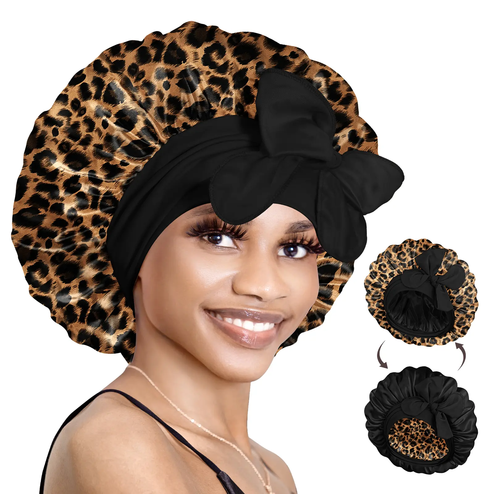 BONNET QUEEN Reversible Satin Bonnet, Stylish Leopard Digital Printed Hat for Women, Smooth Protective Head Wrap for Sleeping and Curly Hair, Protective Head Wrap Hats, Hair Care, Leopard Print Stuff, Stylish Hat