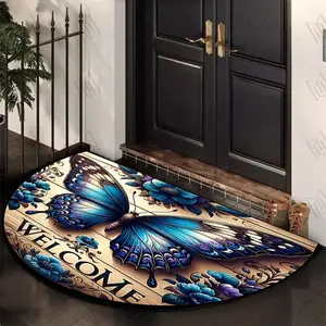 Semi-circular Door Mat with Blue Butterfly-style Pattern, Welcome Mat for Outdoor and Indoor Entryways, Bed-side Rug, Small Floor Mat, Home Decorative Rugs, Bedside Rug, Suitable for Porch, Living Room, Kitchen, and Balcony Decoration. Easy To Maintain