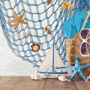 Nautical Blue 1pc Fishing Net Wall Decor with Seashells - Art Deco Fabric Wall Hanging for Home & Office, Ideal for Living Room, Indoor Use, Perfect for Beach, Ocean & Mermaid Themes, Decorative Netting | Conch Shell Accents, Coastal Home Decor