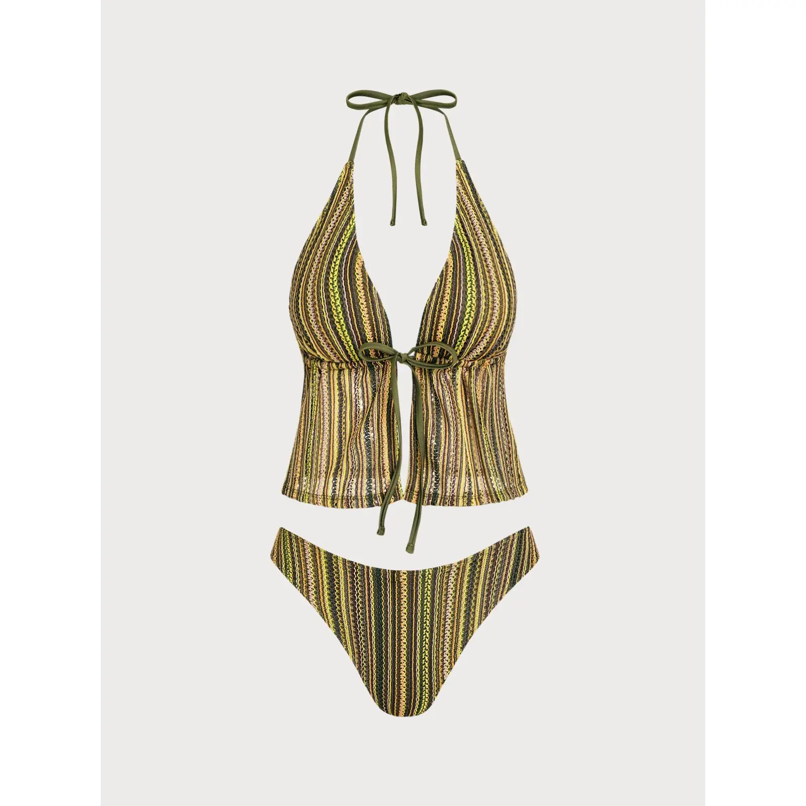 SAMIOL Green Polyester Knit Tie Front Tankini Set Three-Color Color Block Tankini With Side Metal Accent Stable Support Anti Deformation Flexible Movement For Swimming Training Water Activities