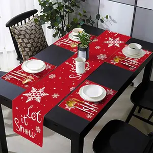 1 piece/4 piece/5 piece set/7 piece set, Merry Christmas table flag and placemat set, Let it Snow Christmas snowflake linen placemat set, washable red New Year desktop for holiday parties and home table decoration