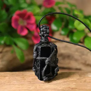 Protection Crystal Natural Raw Black Tourmaline Gemstone Warped Pendant Quartz Healing Positive Energy Crystal Men Women Necklace