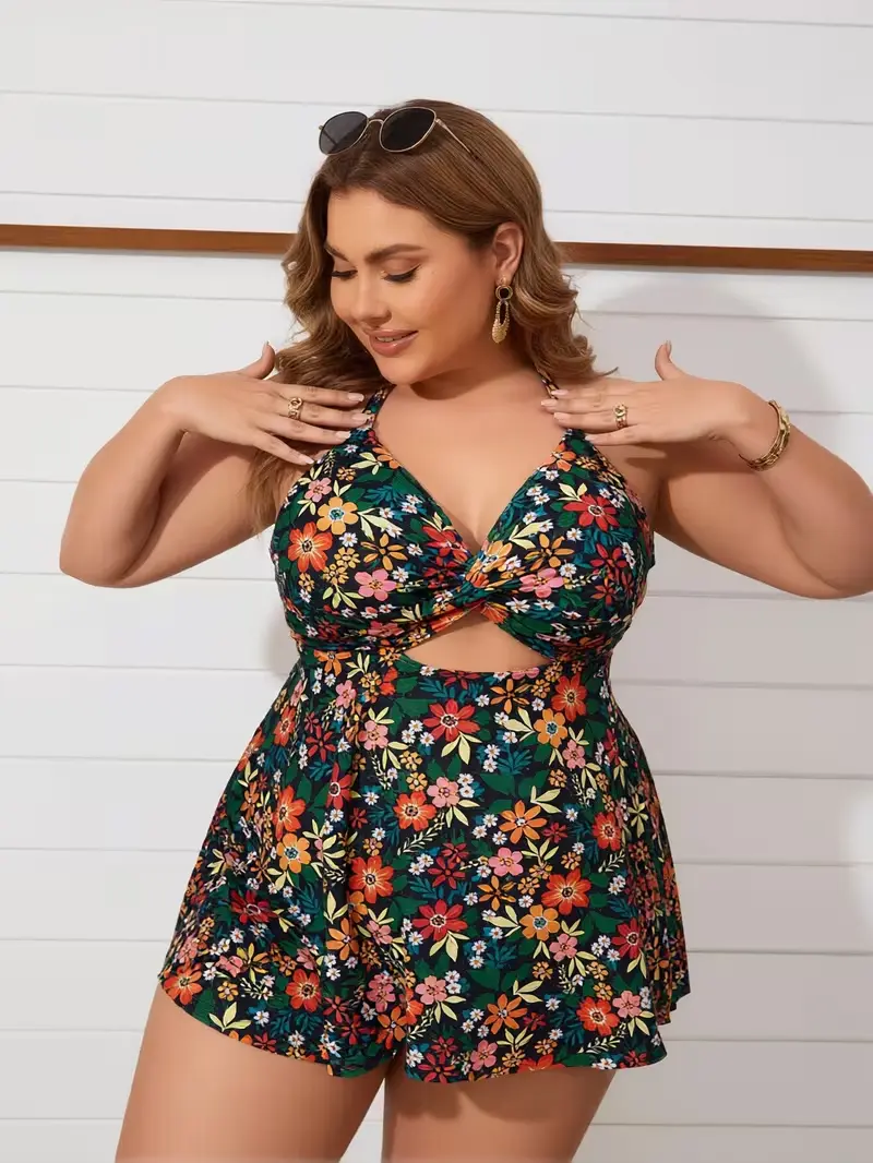 Women's Plus Size Vintage Floral Pattern 1-Piece Swim Dress - Female Deep V-Neck with Twisted Knot, Waist Hollowing, Tummy Control for Beach Trips, Pool Parties, Sporty Chic