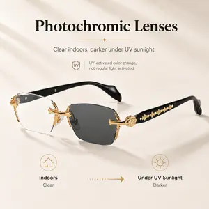 Color Changing Rimless Glasses for Men Women, Photochromic UV400 Blue Light Filtering Eyewear, Lightweight Non-Prescription Glasses for Computer Outdoor Daily Wear