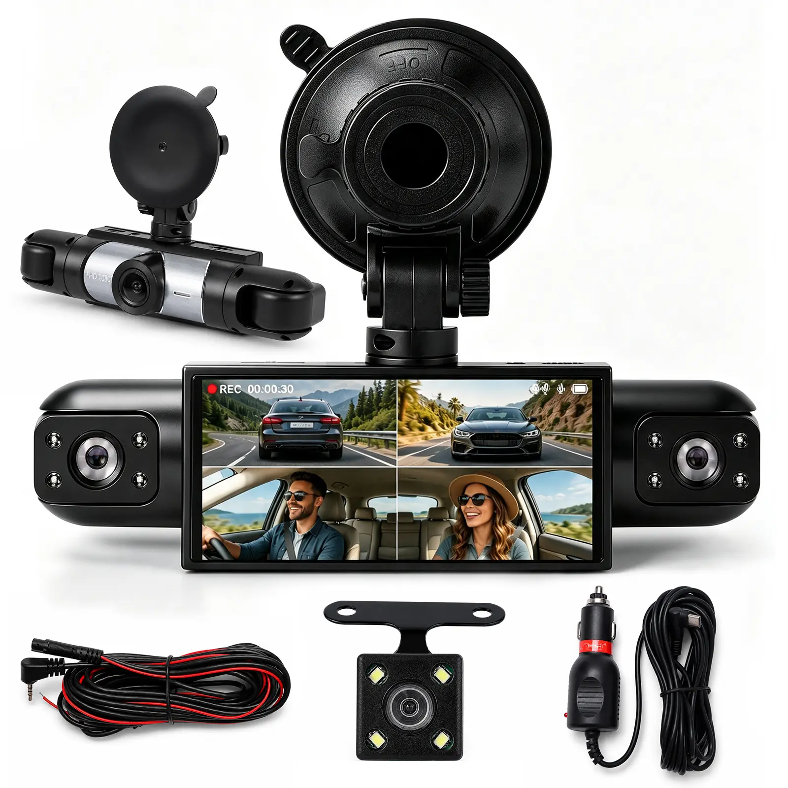 4-Lens Car Dash Cam DVR, 1080P+720P Full HD Front Rear Left Right Multi-Angle Coverage, Non-Wireless (Requires Charging), Auto G-Sensor Lock, 32GB SD Card Included, Daily Driving Safety Setup,techvibes