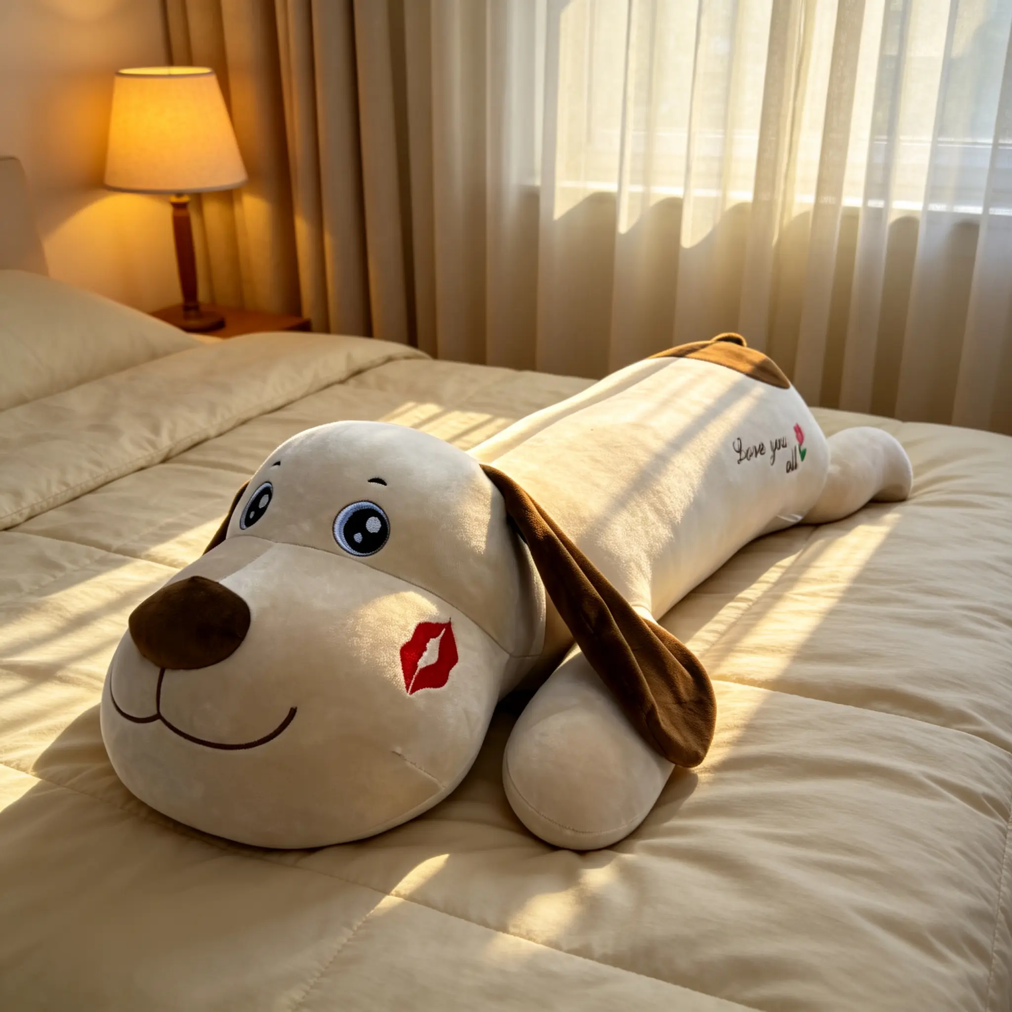Trending ultra-soft beige lying dog long cuddle pillow; embroidered dog plush with red lips; dog plush that gives a thumbs-up; bed companion plush for cuddling and leg-holding play; Valentine’s Day soothing gift for women