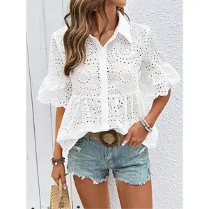 Women’s elegant summer shirt with embroidery and a hollow-out design—fashionable casual beach and party top GARMENTARY