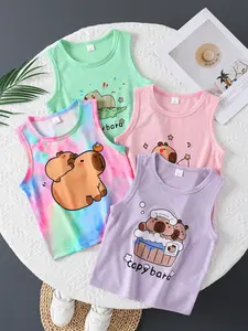 Summer Girls' 4-Piece Capybara Print Round Neck Design Vest Top, Casual Sportswear for Toddlers, Fitted Letter Pattern, Soft Top