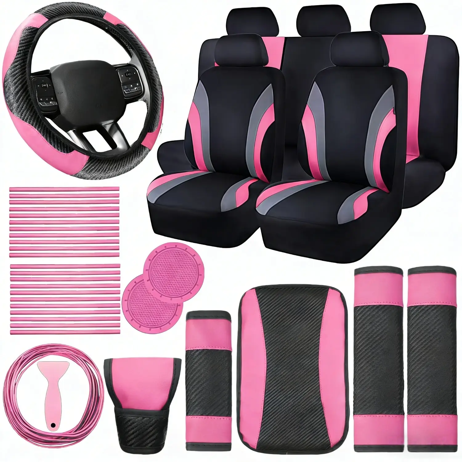 Women's 39pcs Car Interior Accessories Makeover Set - Luxurious Polyester Seat Covers for Cars, Steering Wheel Wrap, Shoulder Pads, Handbrake Grip, Gear Shift Cap, Coasters, Air Vent Trim Strips - Vehicle Decoration Kit