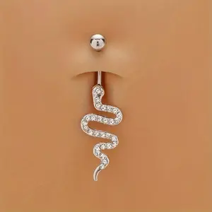 Stylish and simple belly button ring featuring a snake design and zirconia crystals, made of stainless steel for belly piercings.