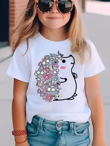 Summer Fashion Short-Sleeve T-Shirt for Girls Featuring a Hedgehog Cartoon Design Filled with Flowers