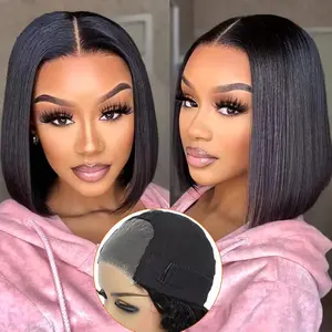 Nerkre 4x4 HD Transparent Lace Front Wigs Wear and Go Glueless Bob Wig Human Hair Pre Plucked Pre Cut  for Women Straight Bob Wigs Human Hair 180 Dentisty Natrual Color short bob wig human hair style
