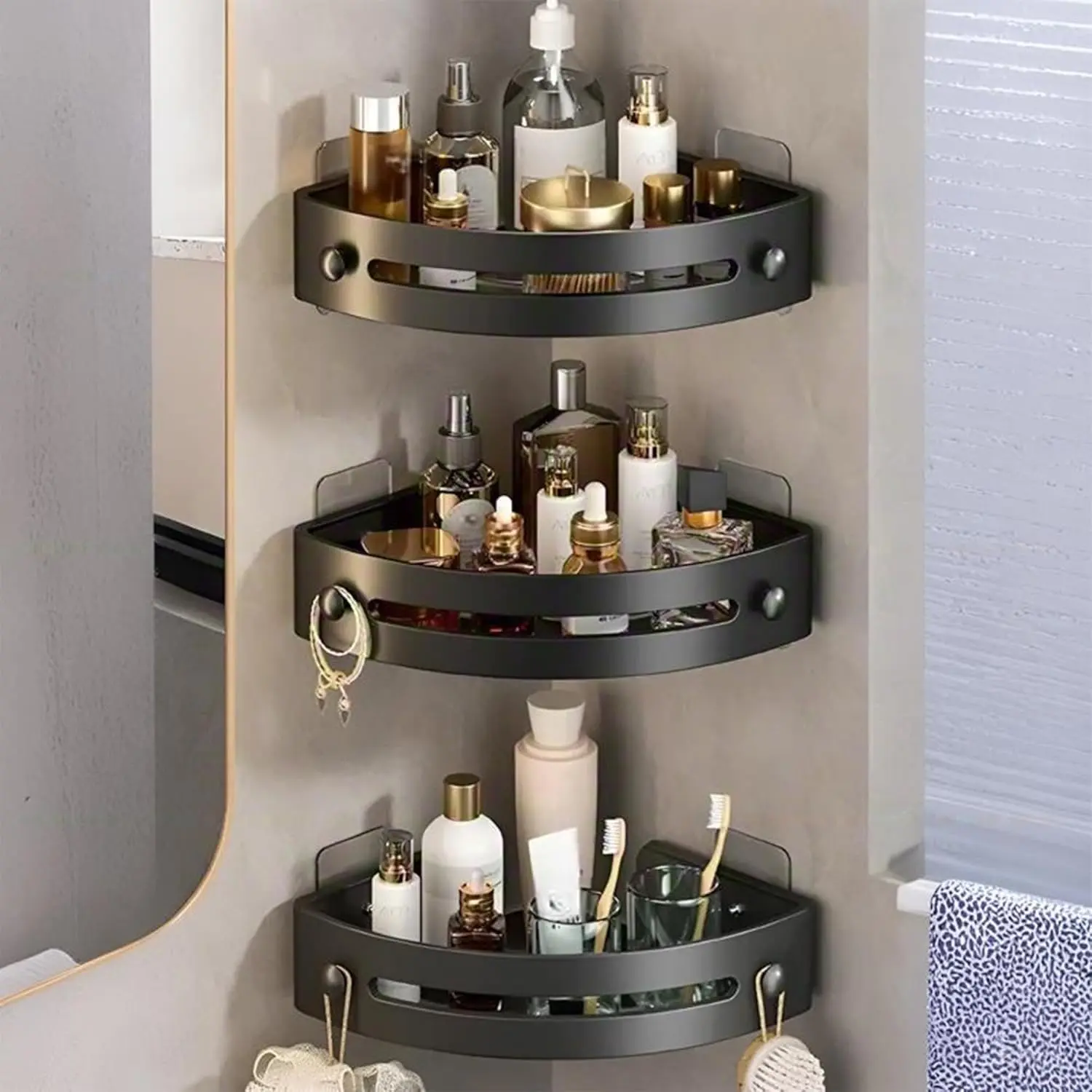 3-Pack Adhesive Mount Bathroom Shower Organizer Triangle Corner Rack, Drill-Free Wall-Mounted Plastic Storage with Towel Hooks & Drainage Holes, Black/White (3 Units Option)