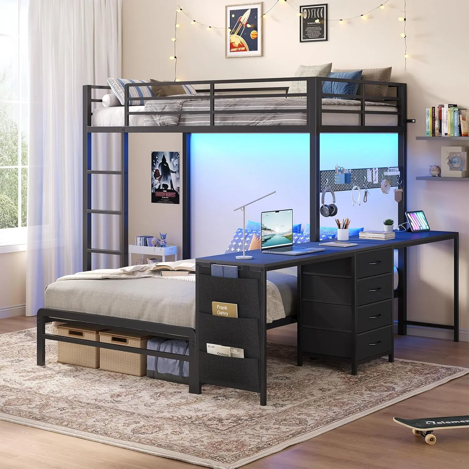 ADORNEVE Bunk Bed Twin Over Twin with 2 Person Desk, 4 Storage Drawers & Power Strips, Metal Twin Bunk Bed with LED Lights, Pegboard for Kids,Teens Student Bedroom with Safety Guardrail,dorm essentials,home decor