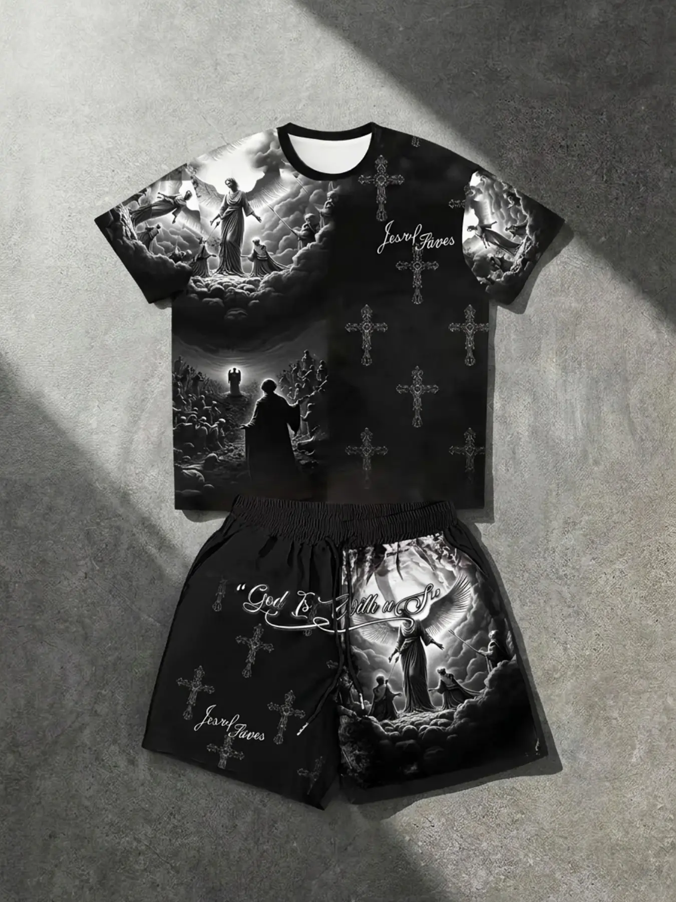 Men's Gothic Angel Cross Print Two-Piece Set, Casual Street Style Short Sleeve T-Shirt + Shorts, Matching Jesus Saves Theme, Perfect for Music Festivals, Top