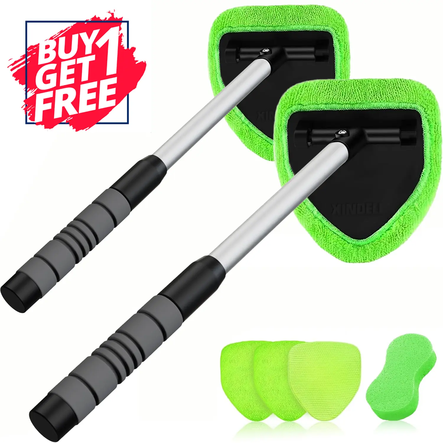 Extendable Handle Windshield Cleaner Tool - Car Cleaning Supplies, Auto Window Wiper Brush with 4 Microfiber Pads, Microfiber Towel Compatible for Hard-to-Reach Areas, Daily Use, Fog & Moisture Convenience
