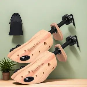A pair of wooden shoe stretchers for men and women, adjustable width and length, medium size suitable for women 8-9.5 and men 6.5-8, including 8 black bunion plugs, 10 pressure point holes, made of pine wood,  Footwear Bedroom Tactical Bridal