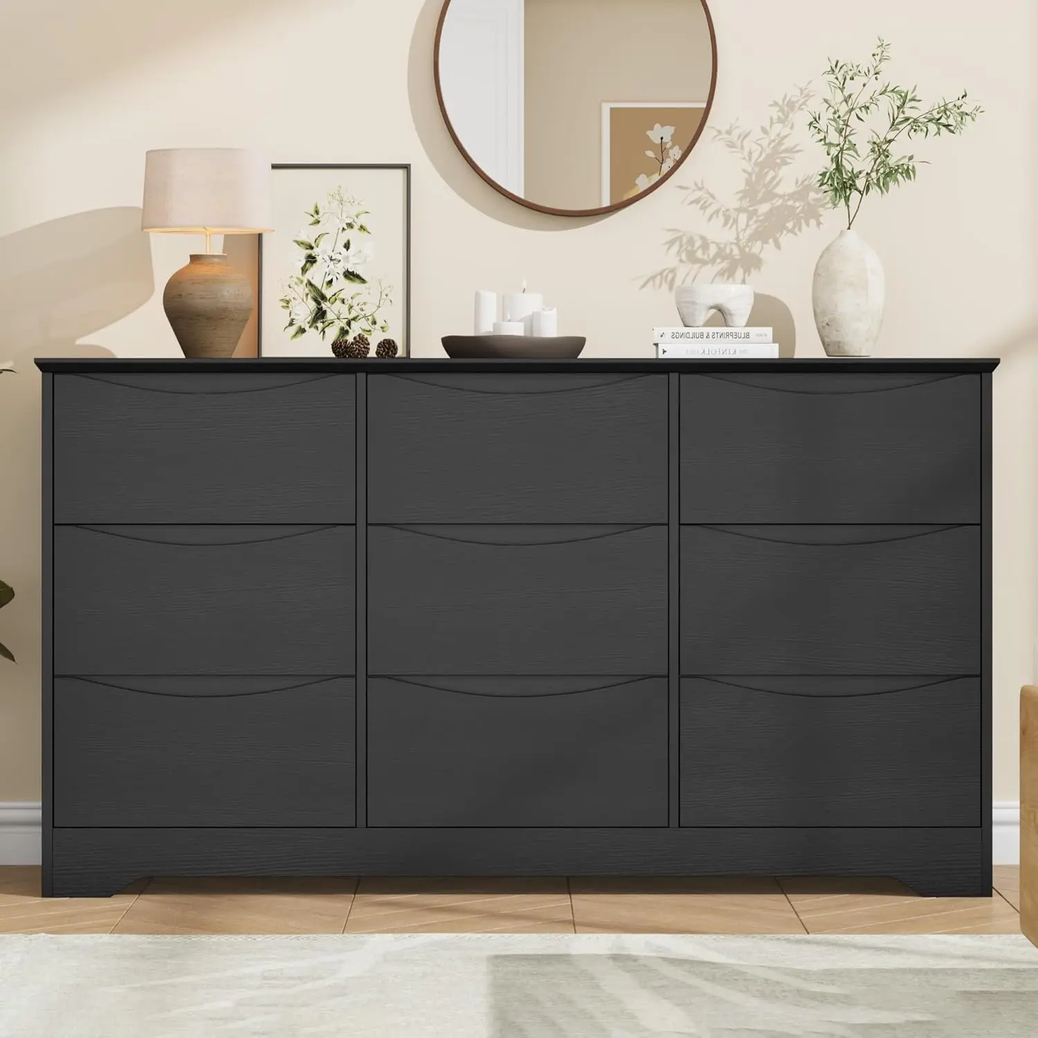 Wooden Dresser with 9 Drawers, Tall Modern Closet with Deep Storage, Large Chest of Drawers with Wide Top, Long Storage Dresser for Bedroom, Living Room, Hallway, Kids Room