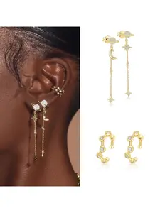 Star and Moon Planet Long Chain Ear Studs for Women - Luxury Multi-Ear Hole Layered Earrings - Unique Design Ear Bar Studs